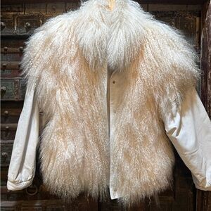 Luxurious White cream Mongolian Fur leather Women's Coat jacket